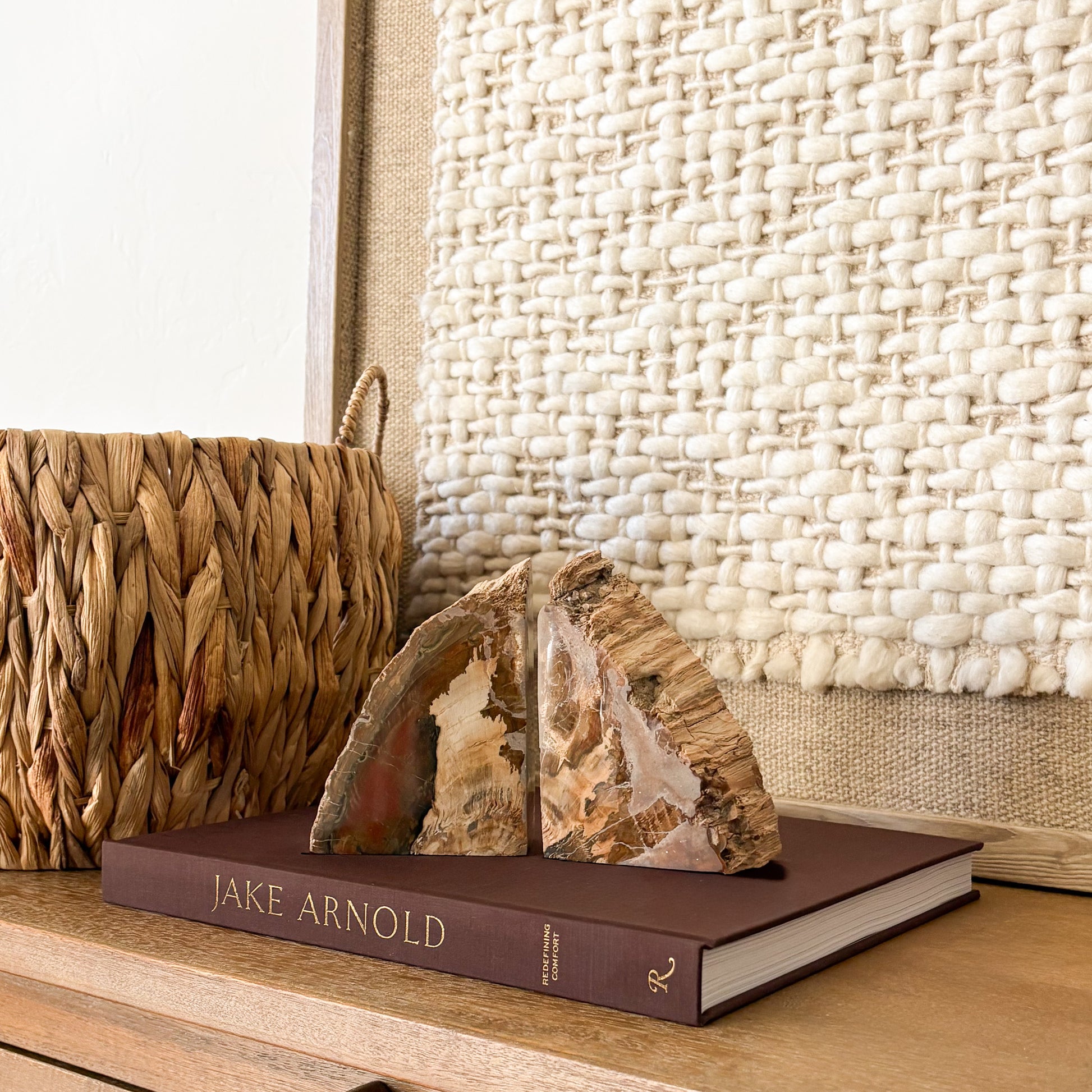 Natural Madagascar petrified wood bookends with polished face and organic stone texture