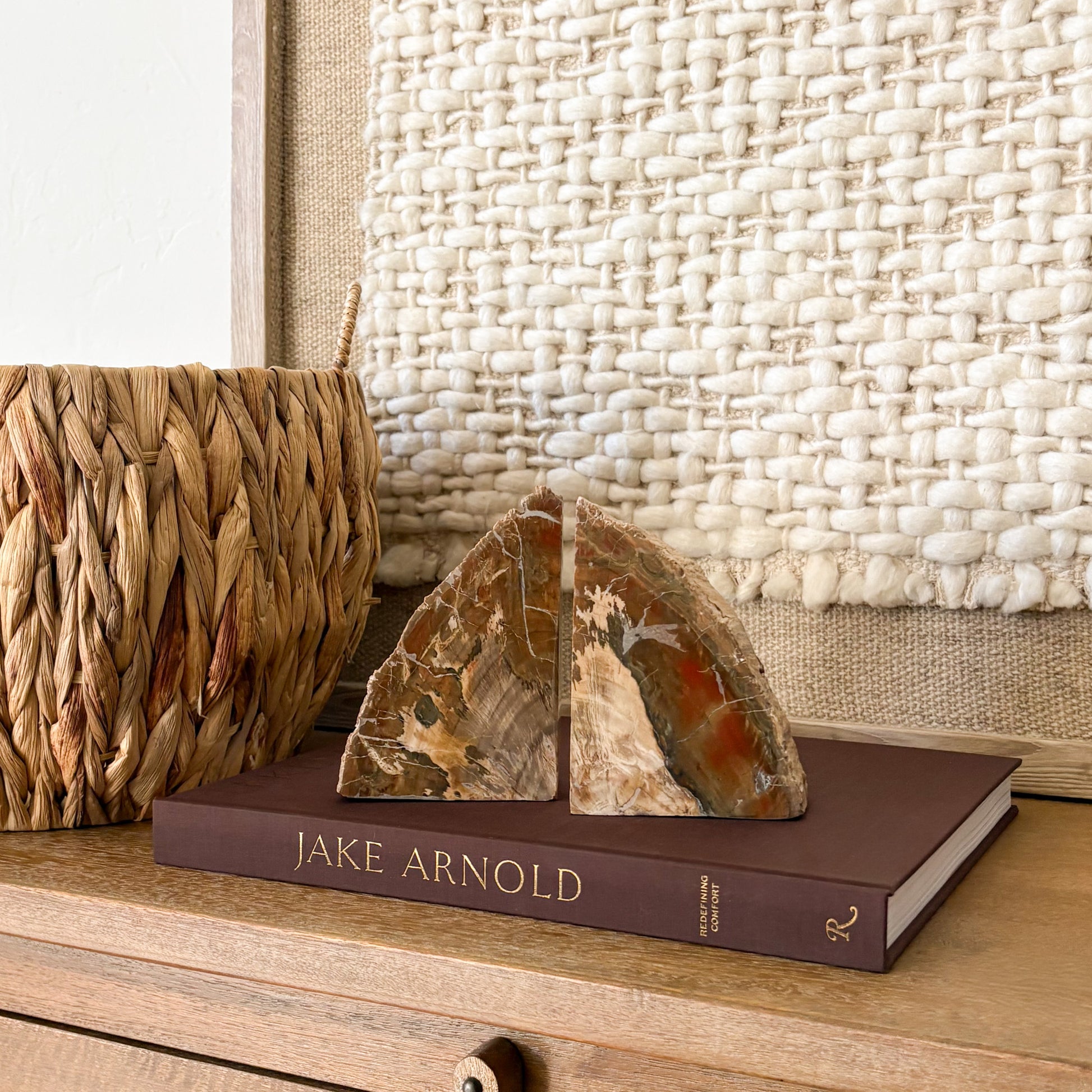 Madagascar petrified wood bookend pair with natural fossilized wood grain and polished cut face