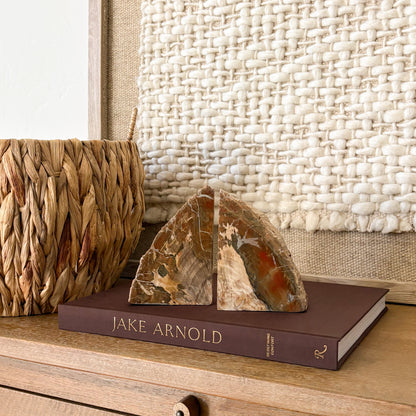 Madagascar petrified wood bookend pair with natural fossilized wood grain and polished cut face