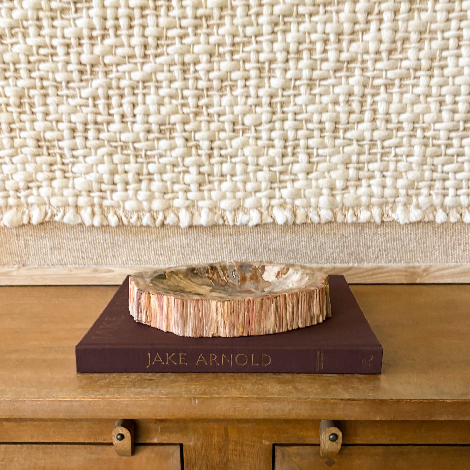 Natural petrified wood bowl displayed in modern organic home decor
