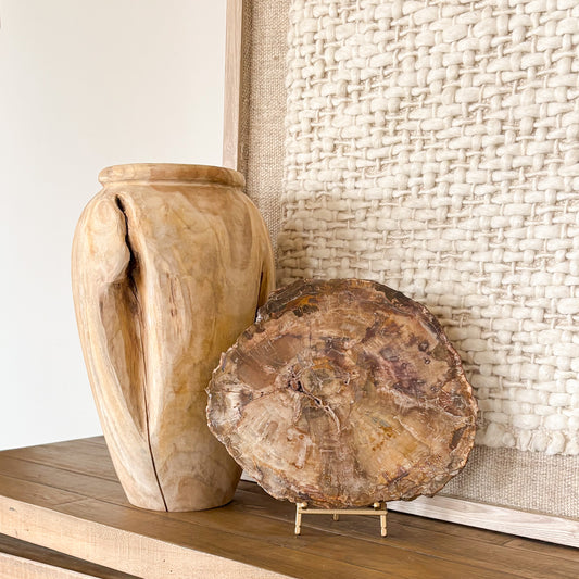 Madagascar petrified wood slab fossil with visible tree rings displayed on brass stand beside neutral stone décor