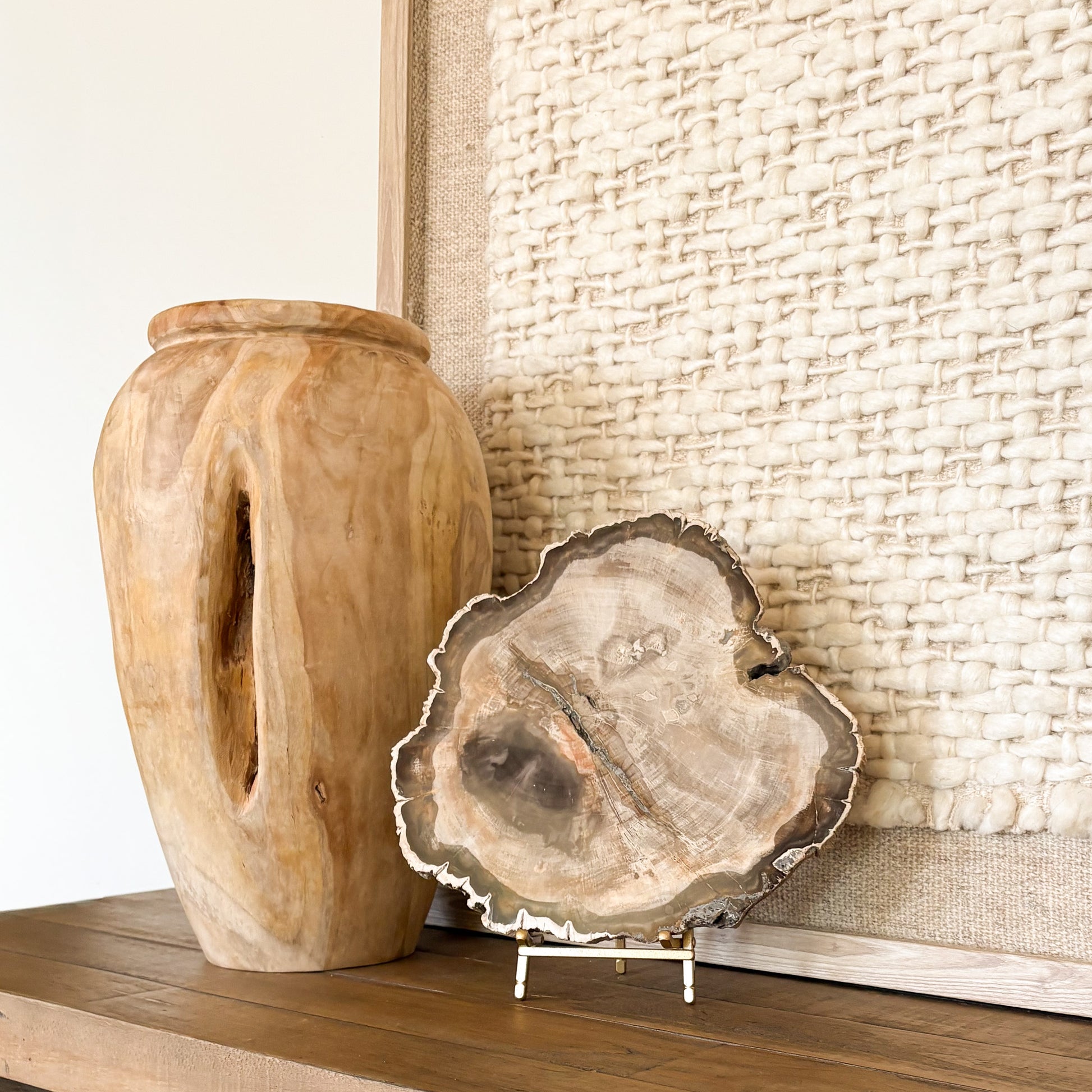 Decorative Madagascar petrified wood slab with natural fossilized wood grain and earthy mineral tones