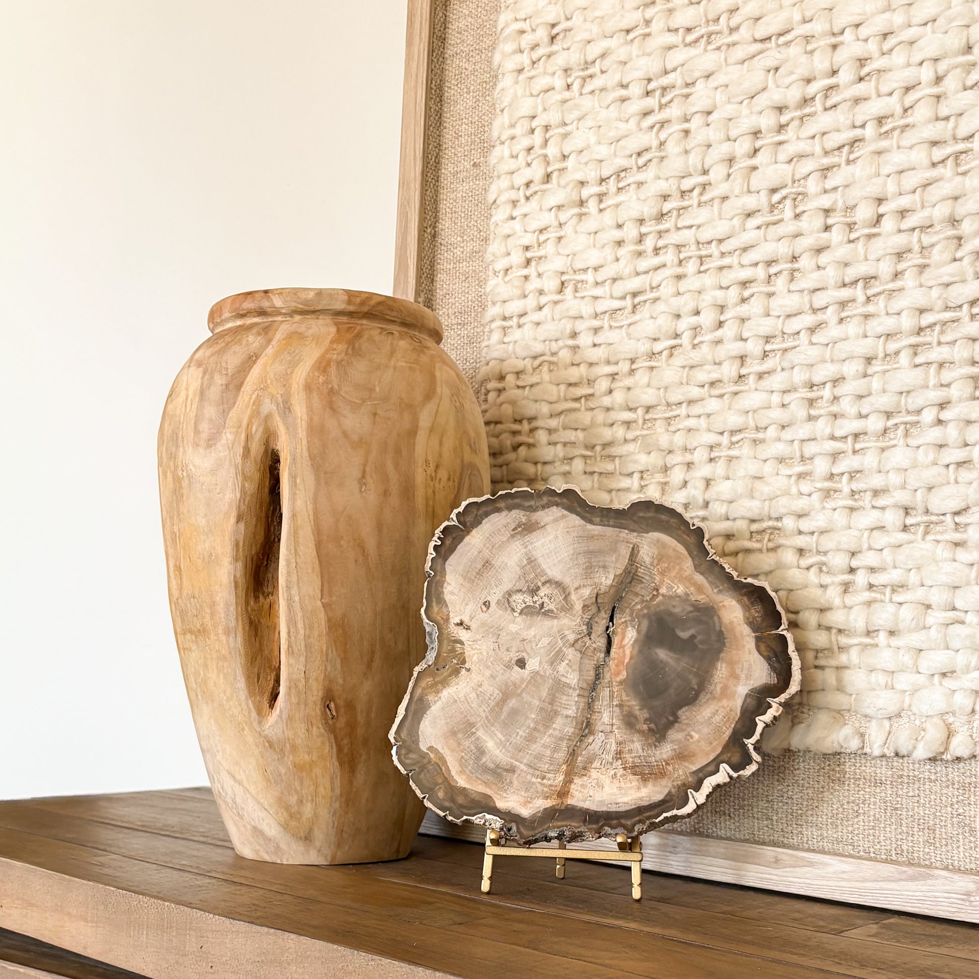 Decorative Madagascar petrified wood slab displayed as natural stone home decor with polished fossil wood surface