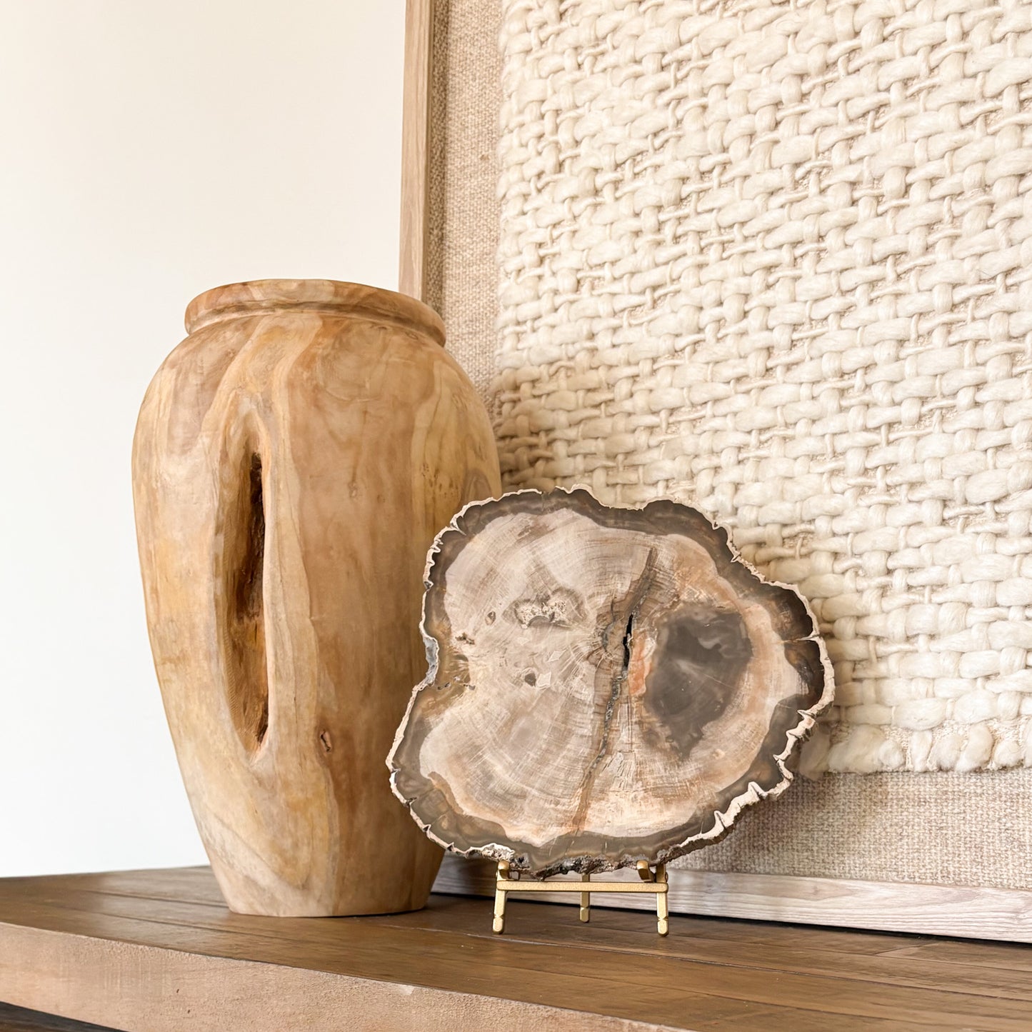 Decorative Madagascar petrified wood slab with natural fossilized wood grain and earthy mineral tones