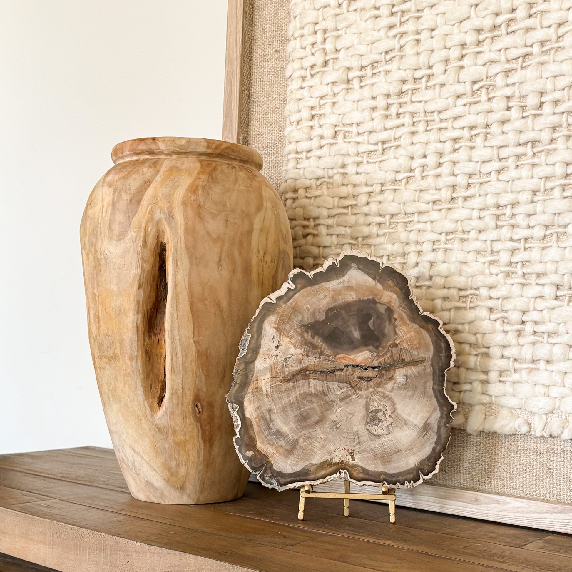 Close-up of decorative Madagascar petrified wood slab showing fossilized tree rings, crystalized minerals, and natural earth colors