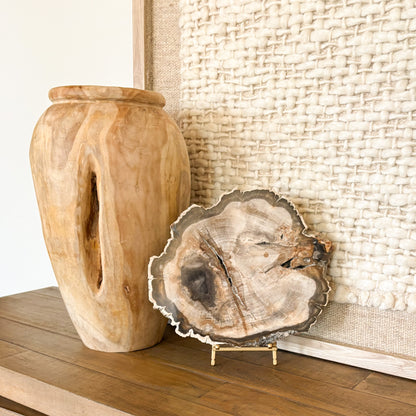 Decorative Madagascar petrified wood slab displayed on a stand with natural fossilized wood rings and neutral earth tones
