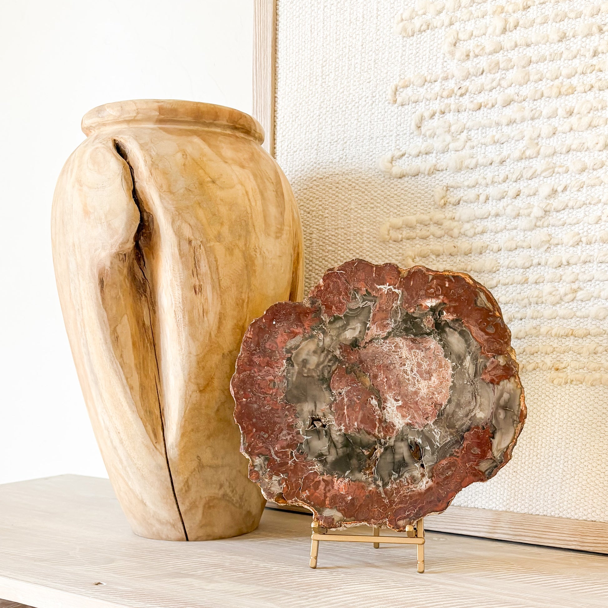 Madagascar petrified wood slab styled as luxury home decor accent