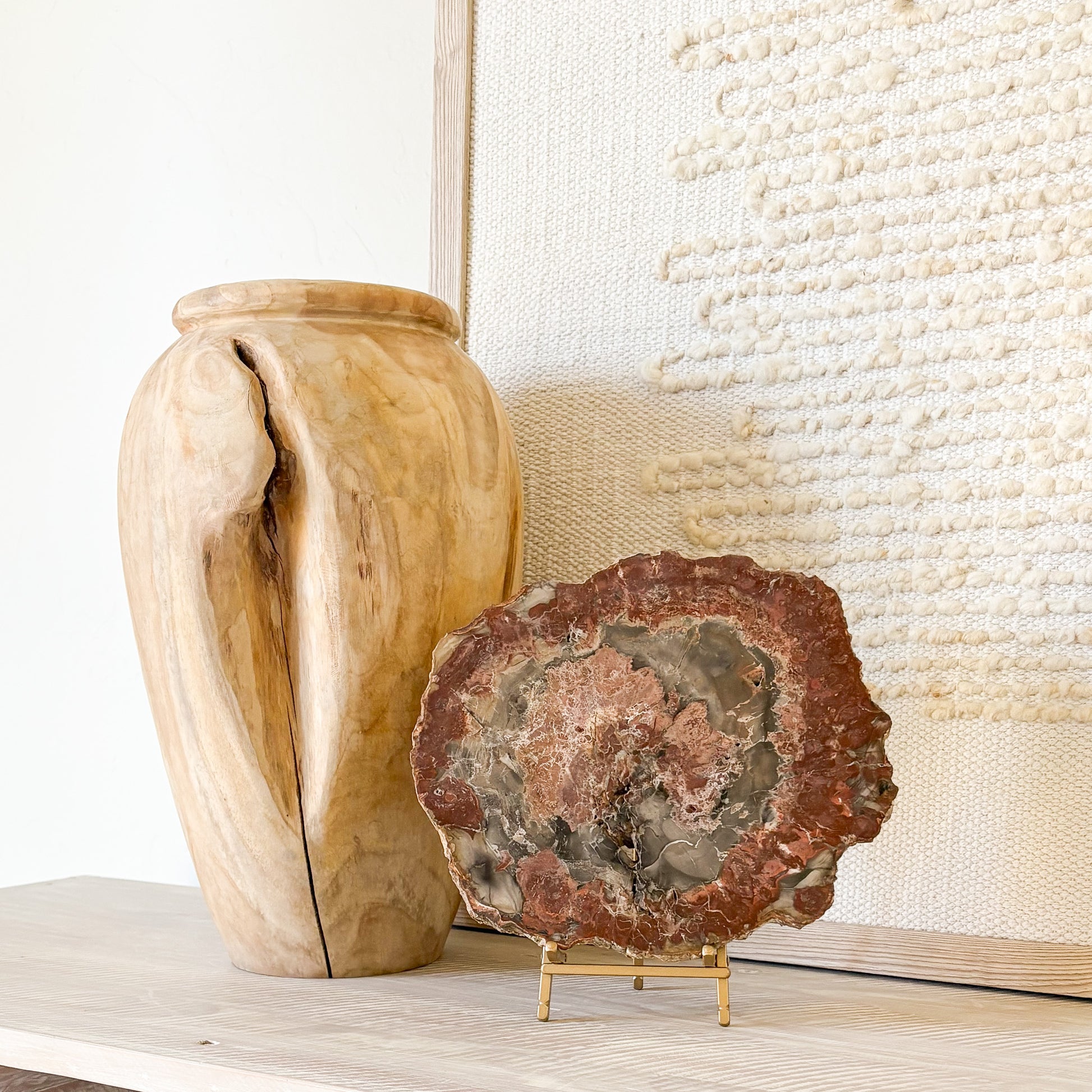 Madagascar petrified wood slab styled as luxury home decor accent