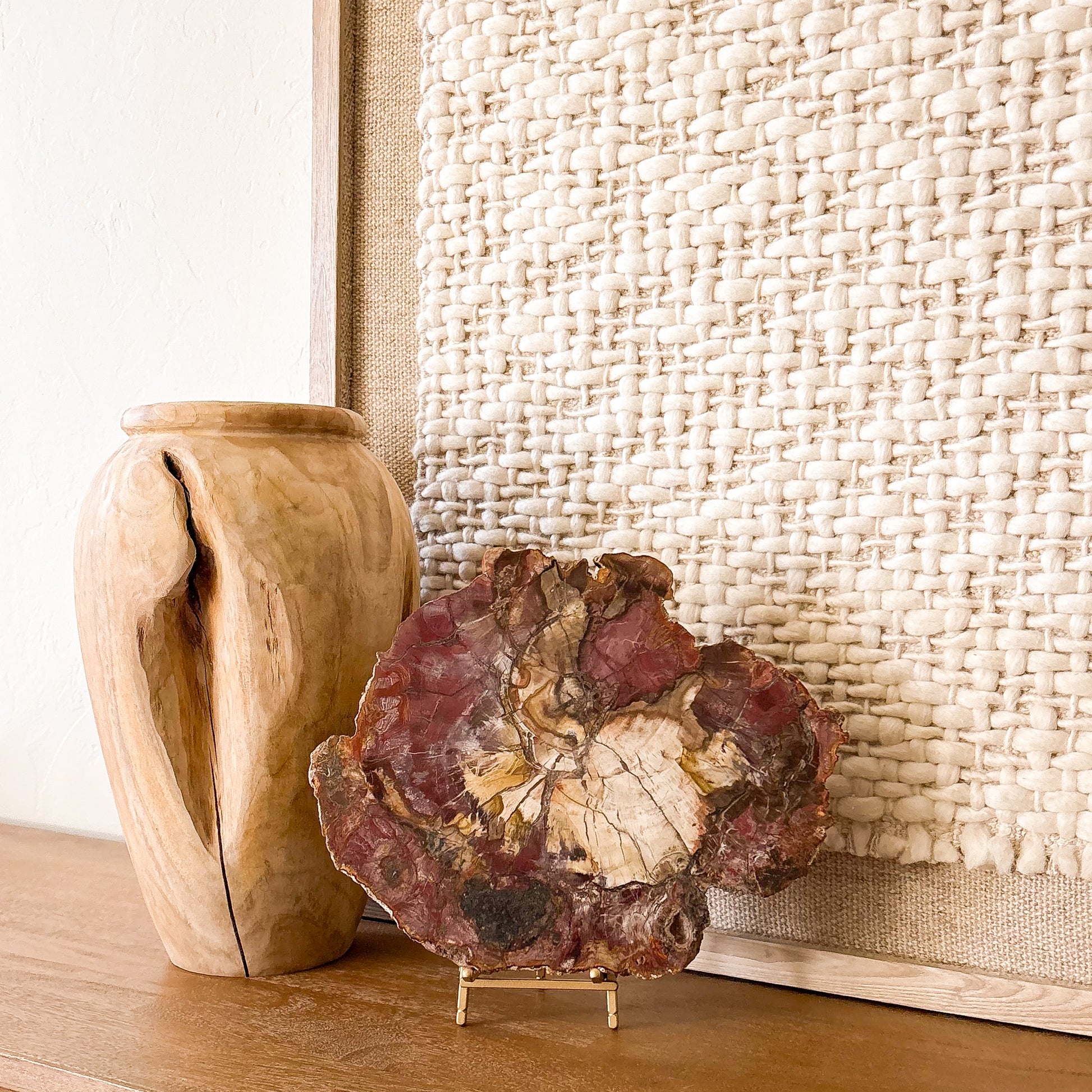 Madagascar petrified wood slab decor piece with natural crystal inclusions