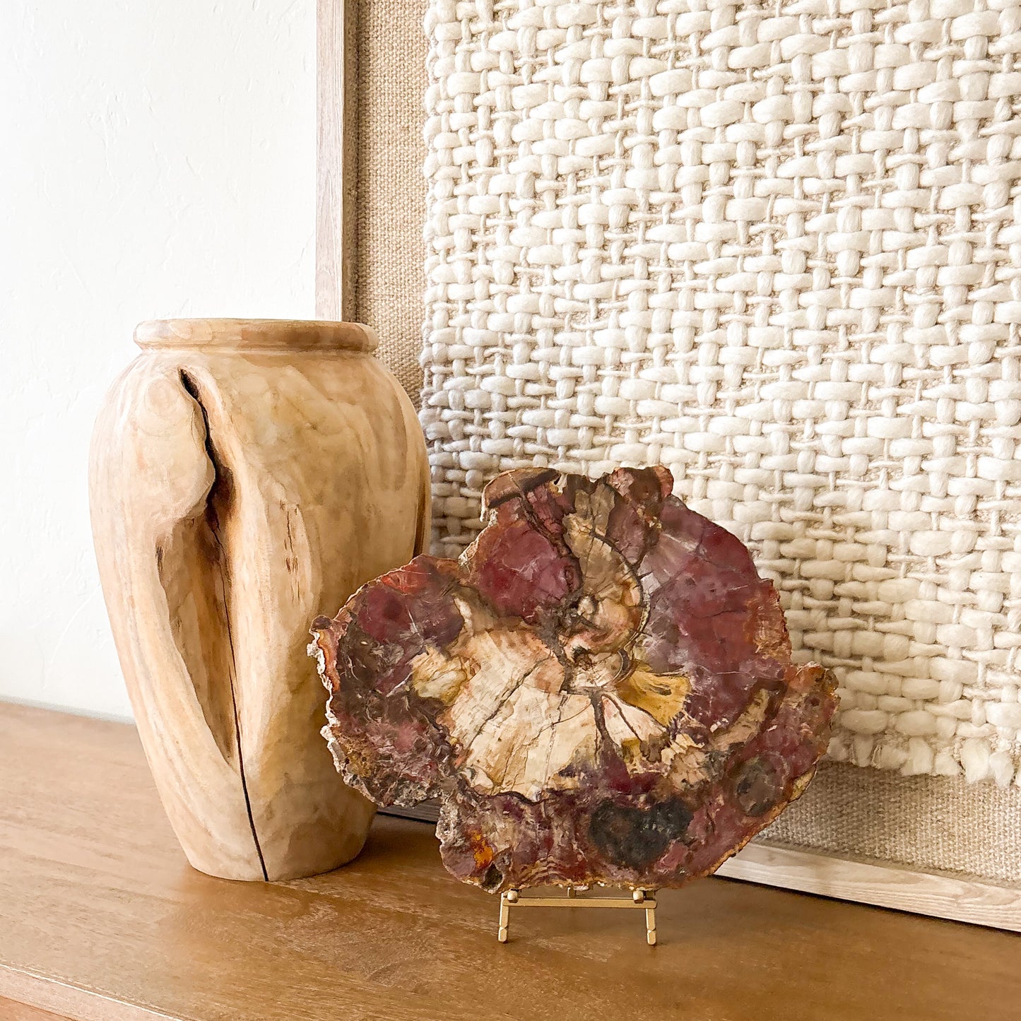 Polished Madagascar petrified wood slab with vibrant red and orange fossil patterns