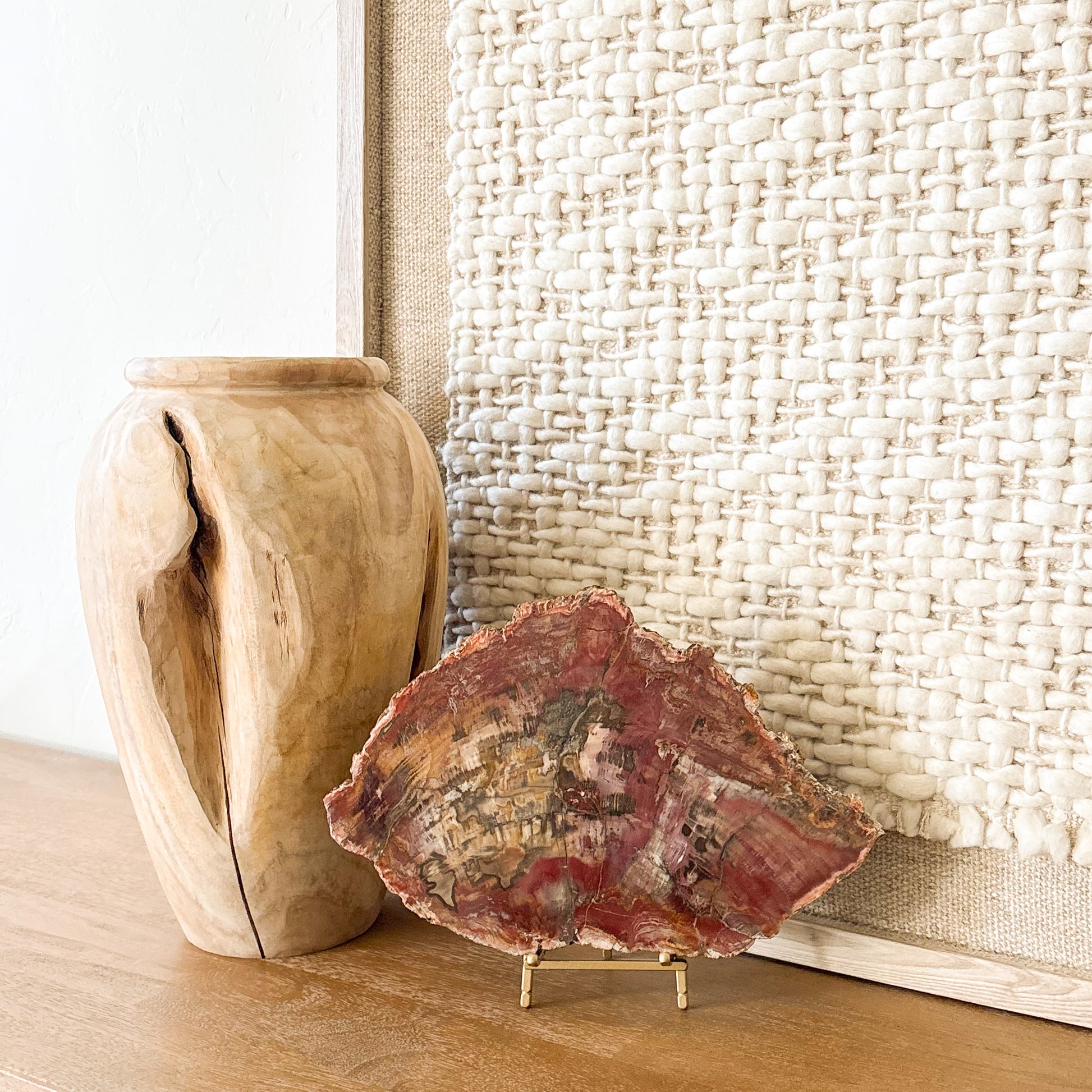 Madagascar petrified wood slab decor piece with natural crystal inclusions