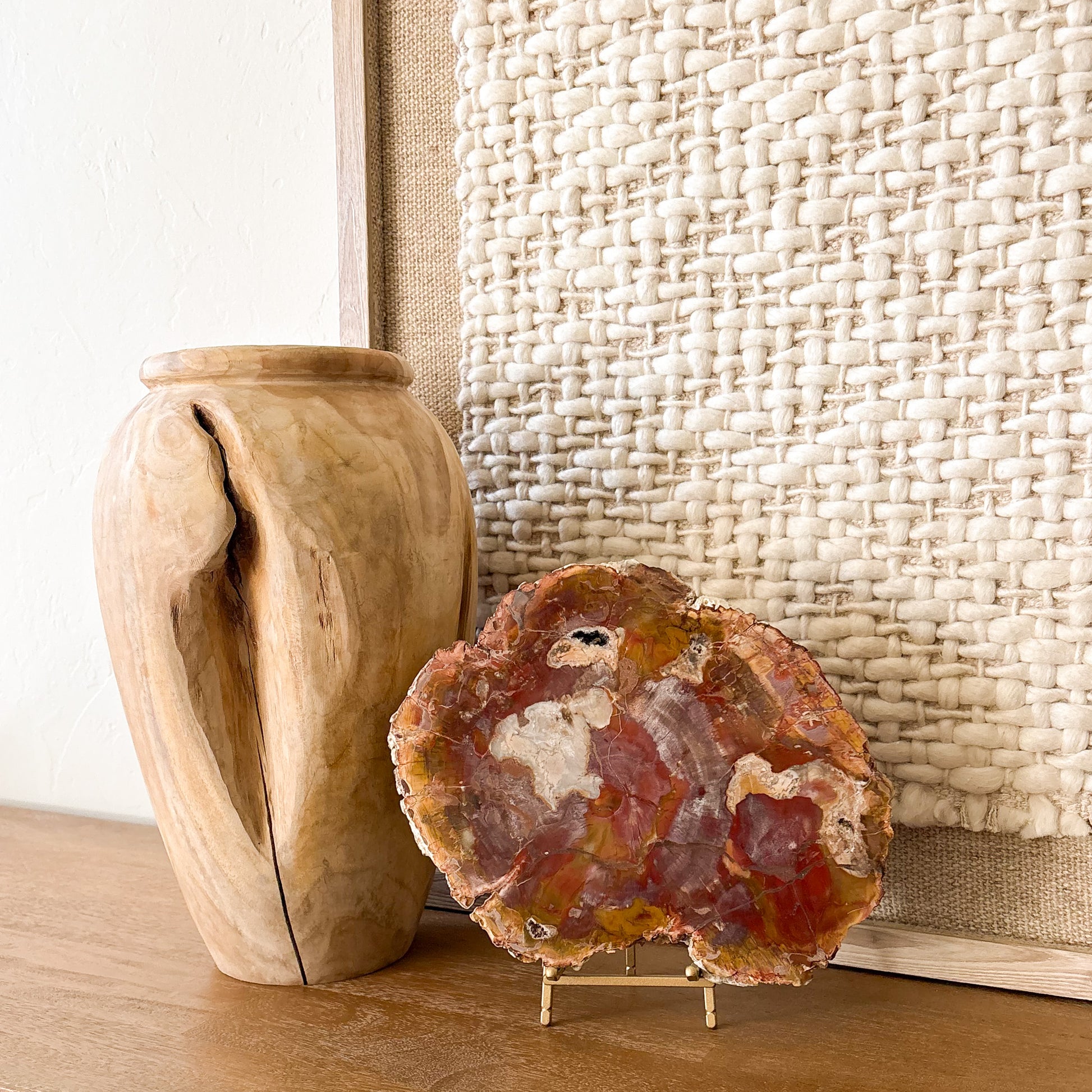 Polished Madagascar petrified wood slab with vibrant red and orange fossil patterns