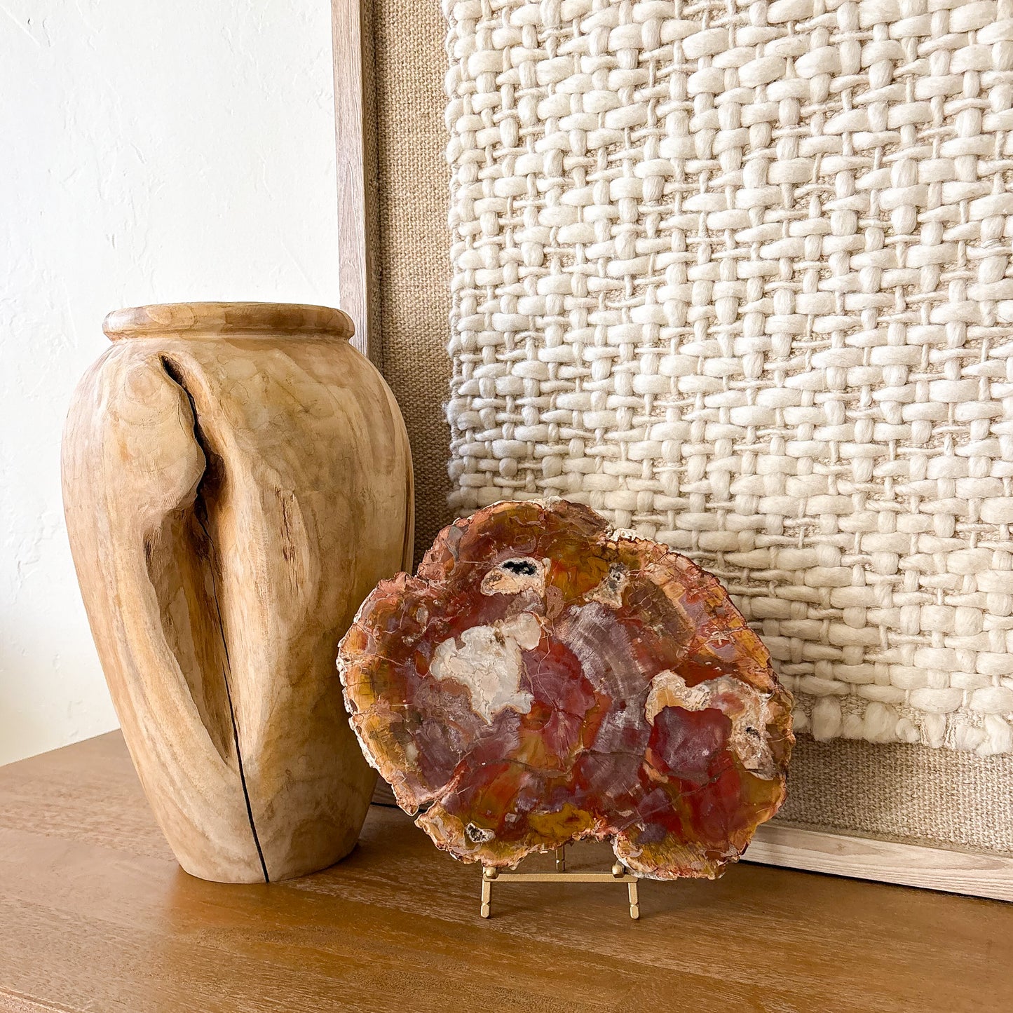 Luxury Madagascar petrified wood slab display specimen in warm earth tones