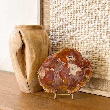 Madagascar petrified wood slab decor piece with natural crystal inclusions
