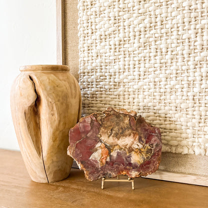 Polished Madagascar petrified wood slab with vibrant red and orange fossil patterns