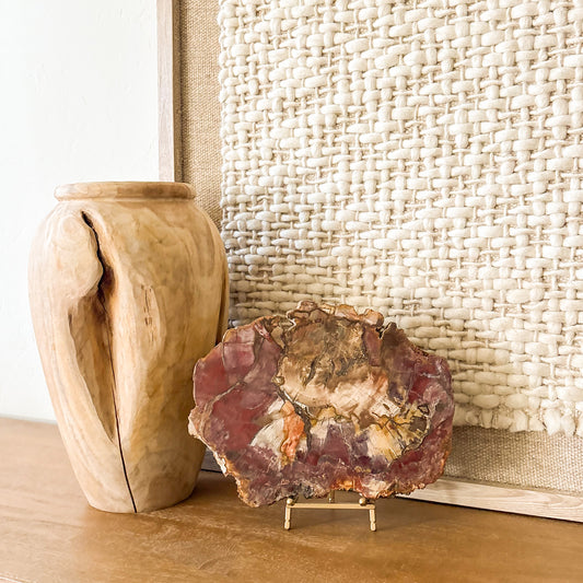Red and amber Madagascar petrified wood slab showcased as home decor accent
