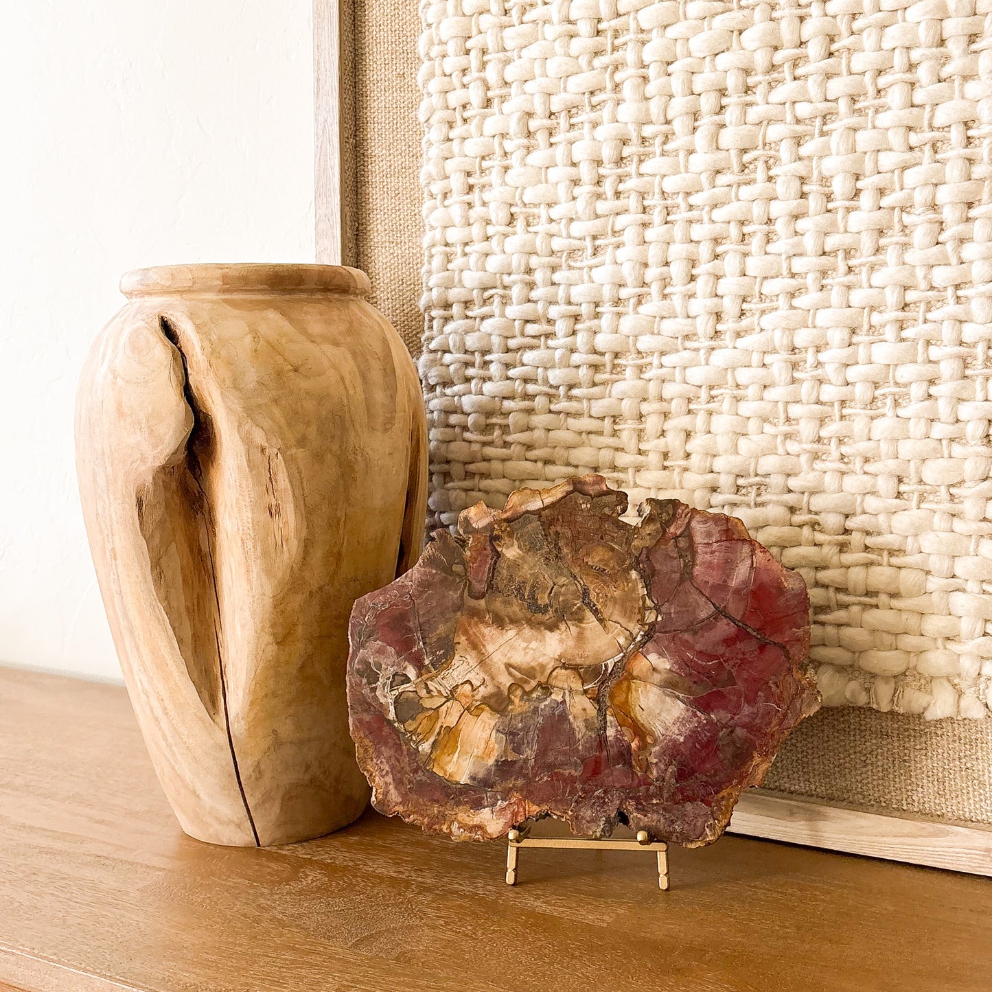 Madagascar petrified wood slab decor piece with natural crystal inclusions