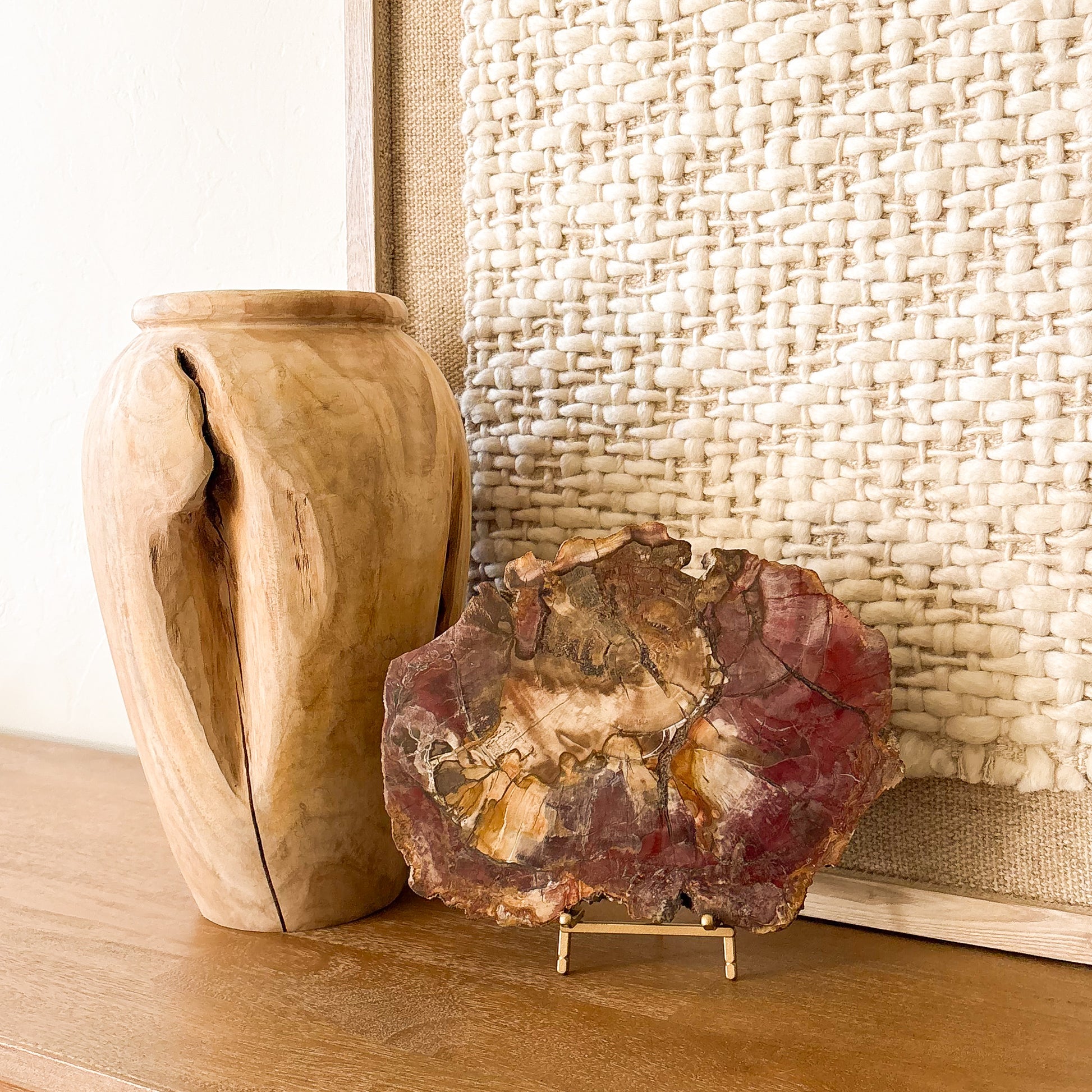 Madagascar petrified wood slab decor piece with natural crystal inclusions