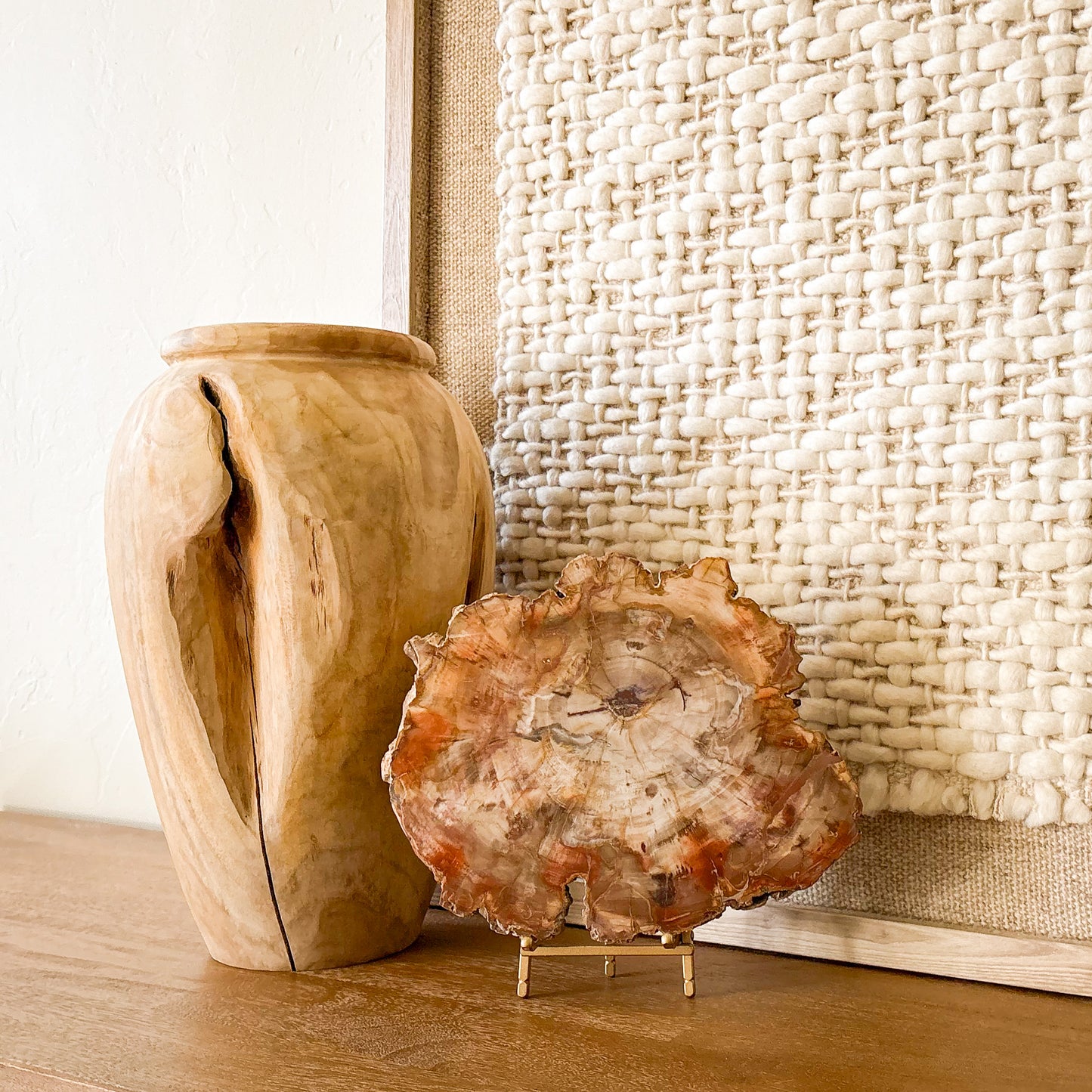 Madagascar petrified wood slab decor piece with natural crystal inclusions