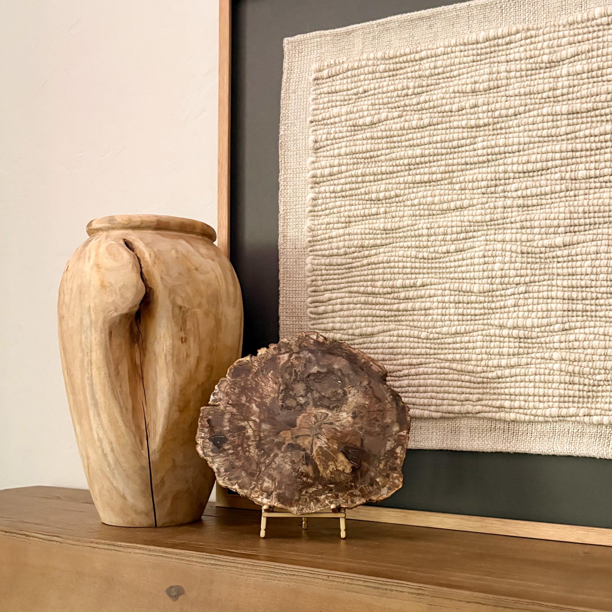 Decorative Madagascar petrified wood slab featuring preserved fossil wood grain and earthy mineral tones