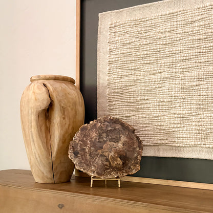 Decorative Madagascar petrified wood slab featuring preserved fossil wood grain and earthy mineral tones