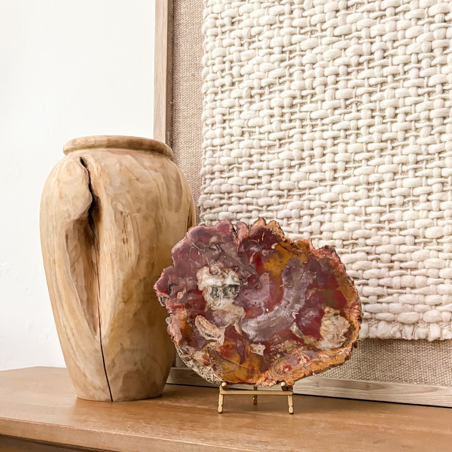 Madagascar petrified wood slab polished on both sides displayed as luxury natural stone home décor