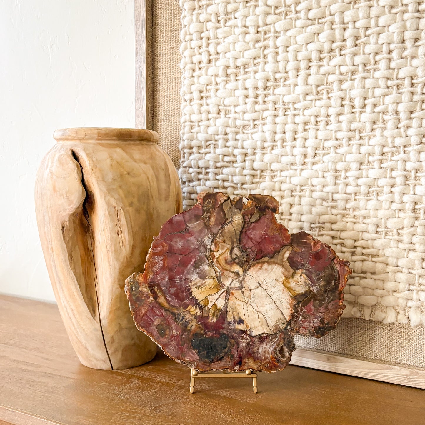 Luxury Madagascar petrified wood slab display specimen in warm earth tones