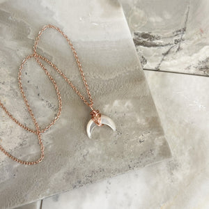 Open image in slideshow, rose gold mother of pearl moon pendant necklace
