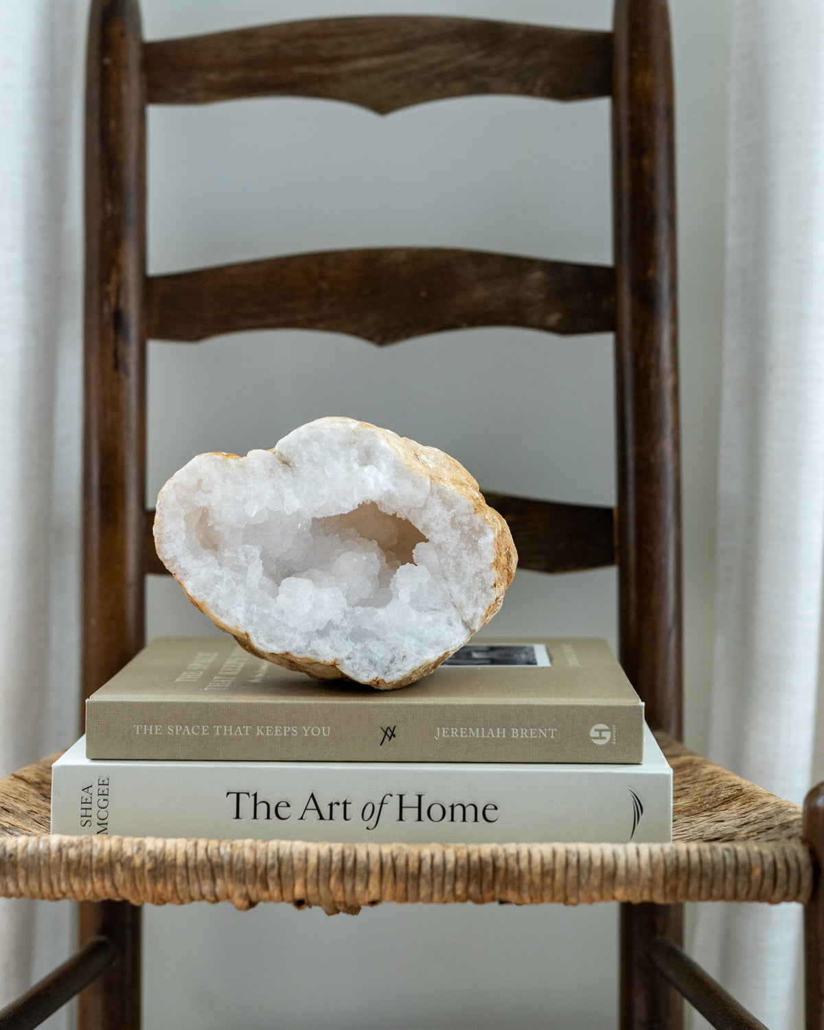Moroccan quartz geode with sparkling crystal interior styled in a modern organic interior