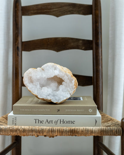Moroccan quartz geode with sparkling crystal interior styled in a modern organic interior