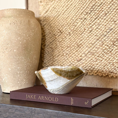 Polished olive onyx bowl with unique green and cream veining, handmade stone bowl