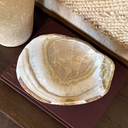Artisan hand carved olive onyx bowl made from natural onyx stone