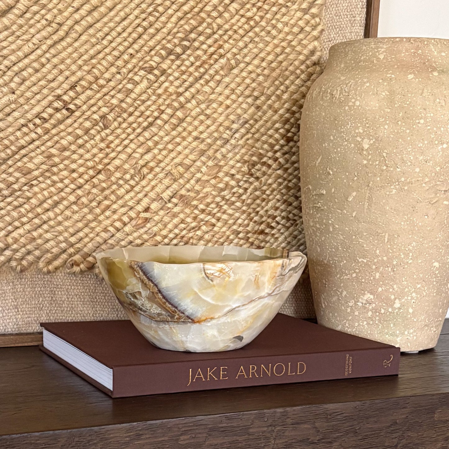 Polished olive onyx decorative bowl with unique natural veining