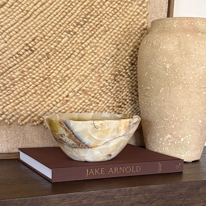 Polished olive onyx decorative bowl with unique natural veining