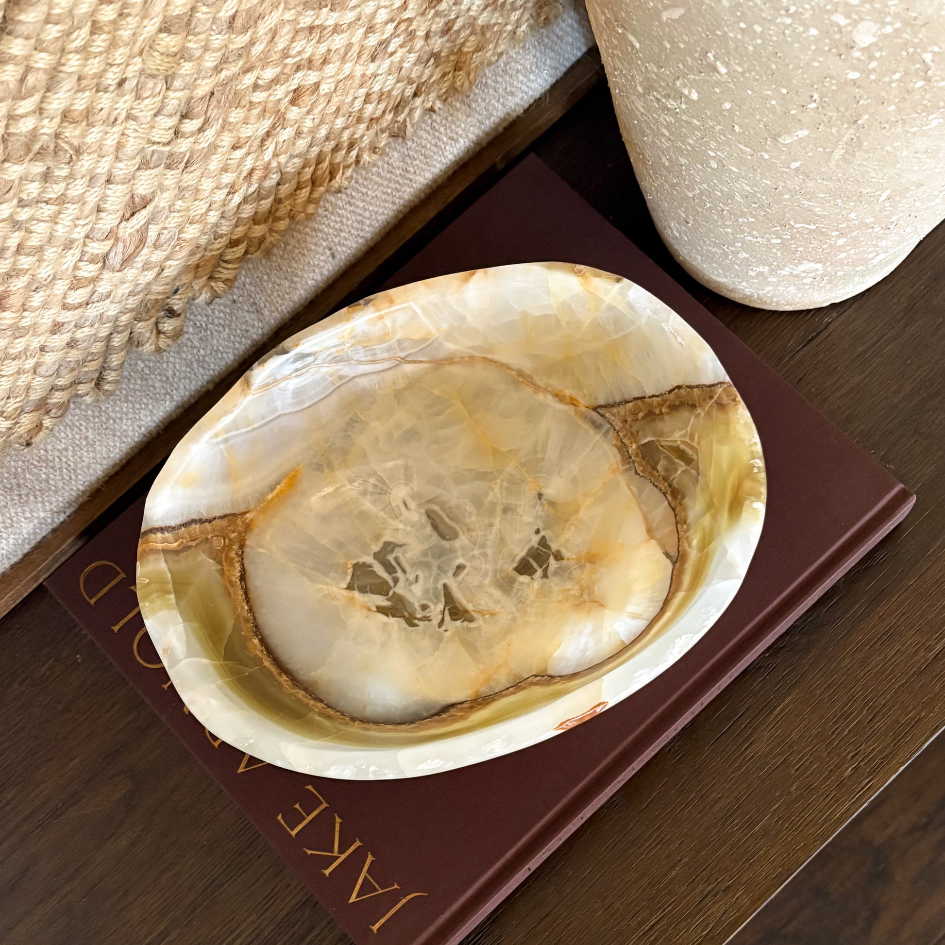 Decorative hand carved olive onyx bowl made from natural stone