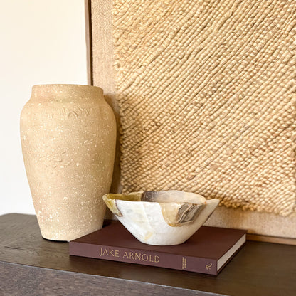 Hand carved olive onyx bowl used as a decorative catchall 