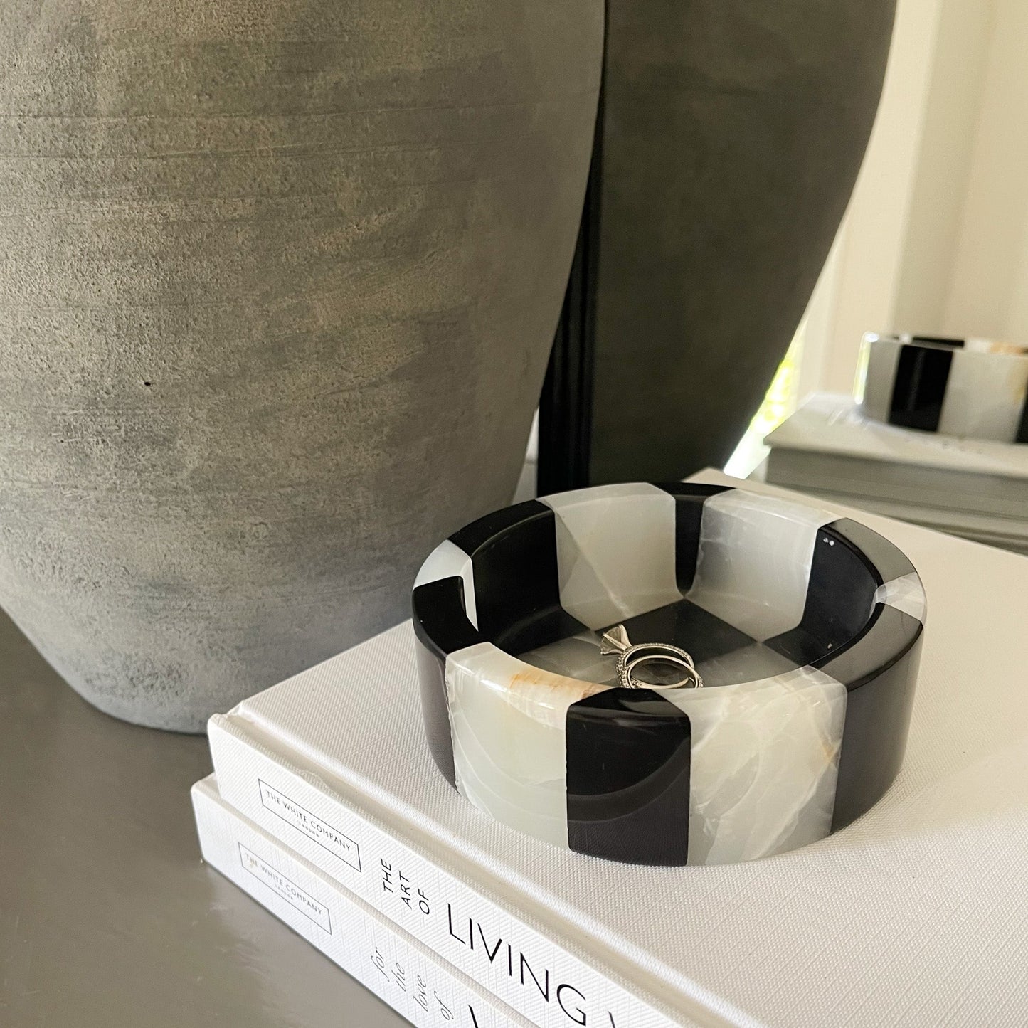organic home decor, white onyx and black marble checker dish