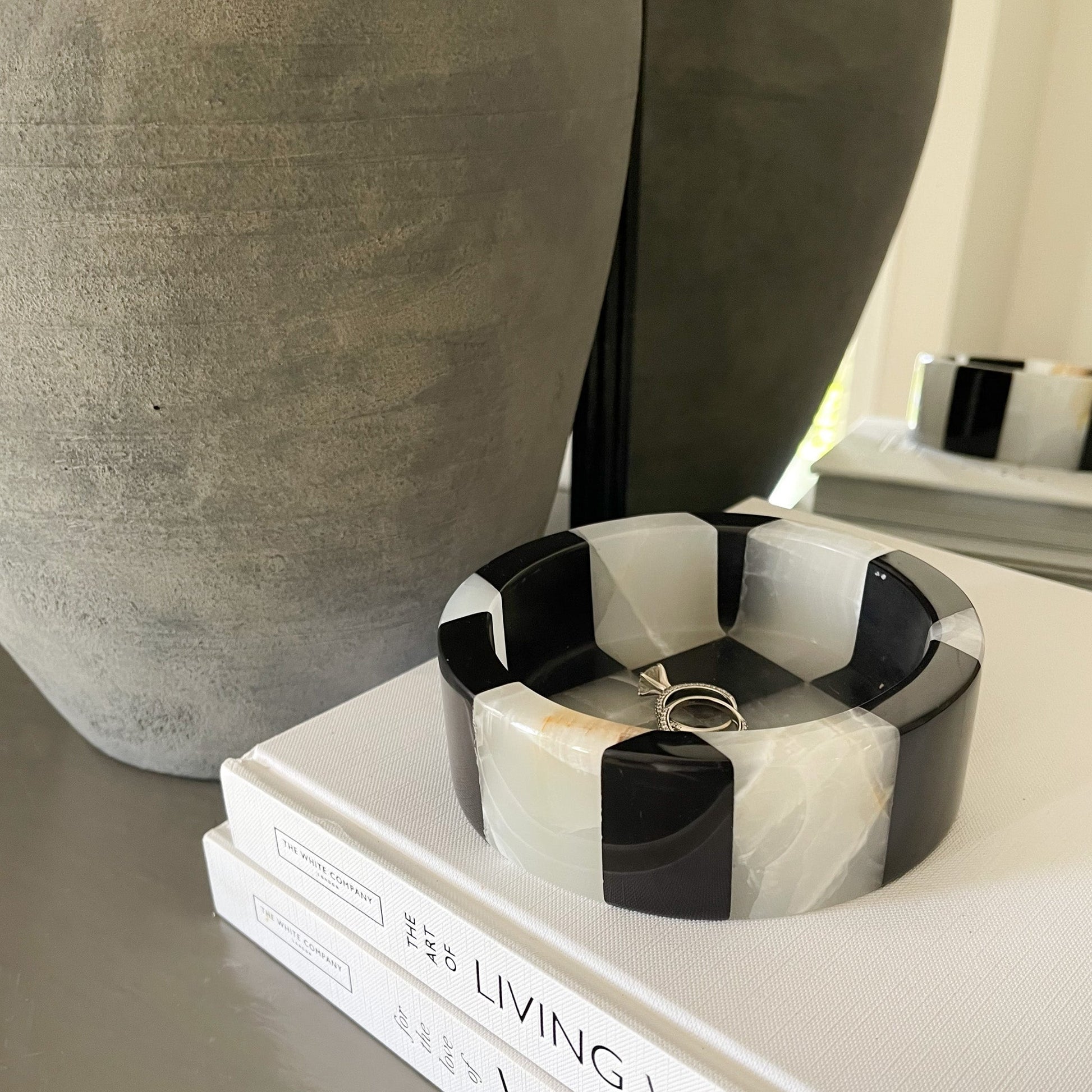 organic home decor, white onyx and black marble checker dish