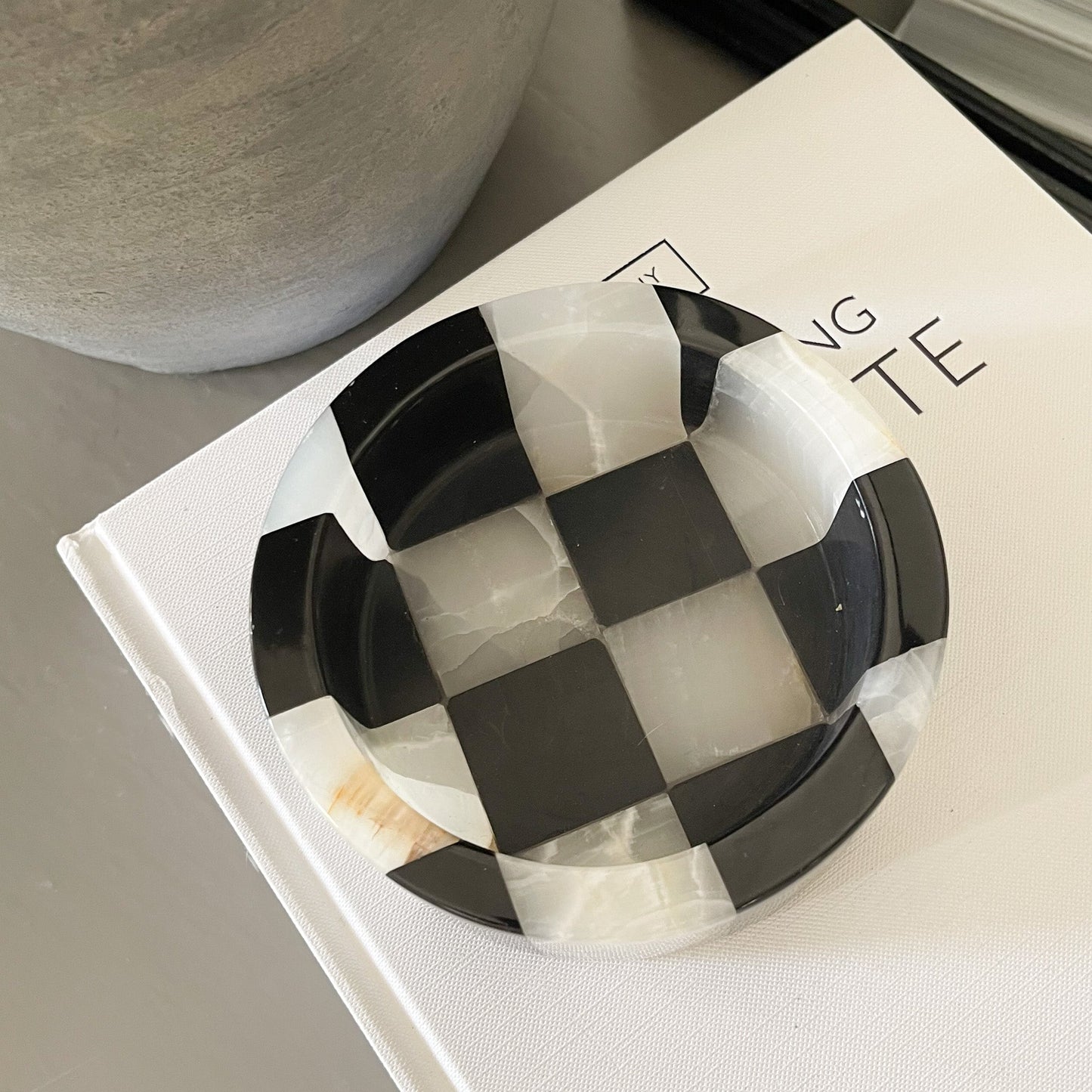 black and white home accents, natural marble and onyx checker trinket dish