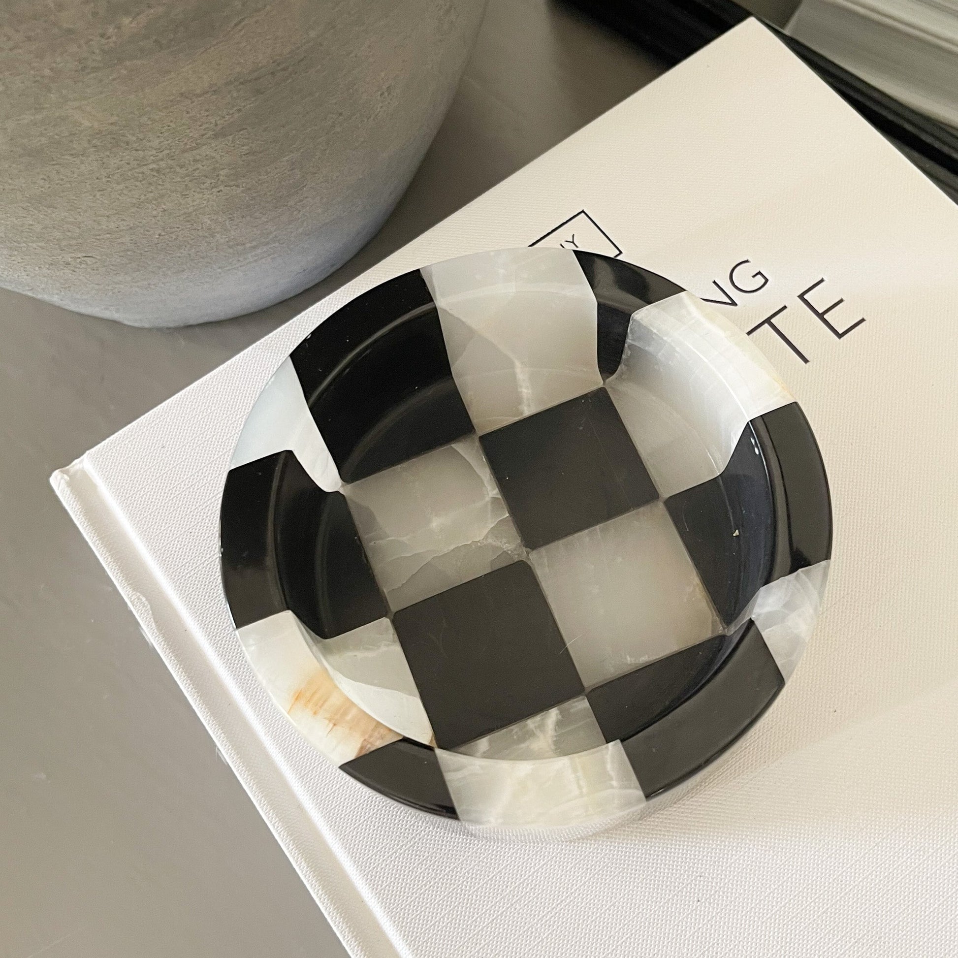 black and white home accents, natural marble and onyx checker trinket dish