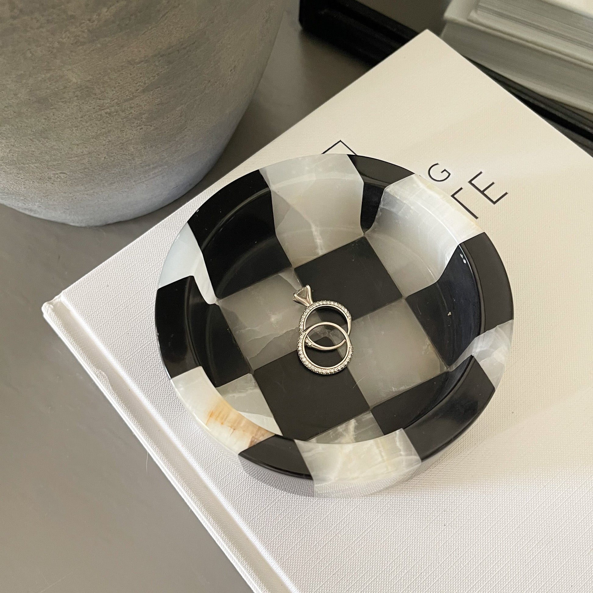 black and white onyx and marble jewelry dish
