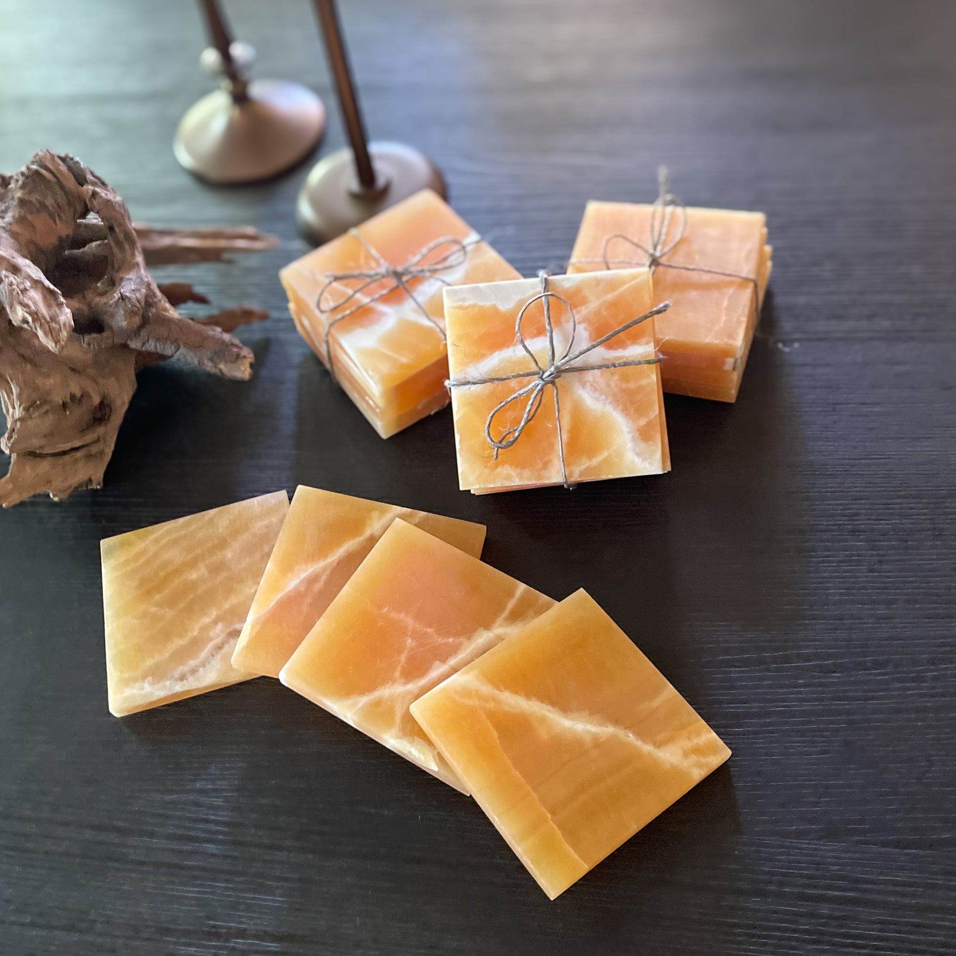 orange natural stone coaster set