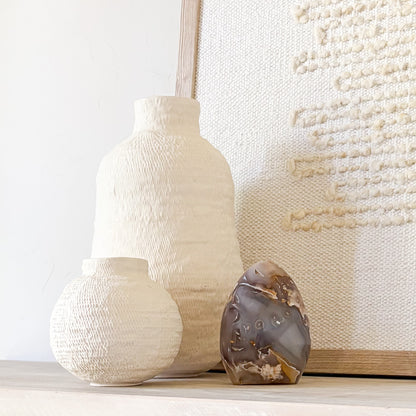 Hand-carved orca agate crystal sculpture with natural bueand white banding, decorative gemstone art