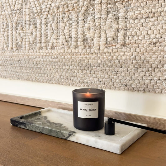 Panda marble tray with candle and matches on wooden table