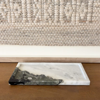 Black and white marble decorative tray close up