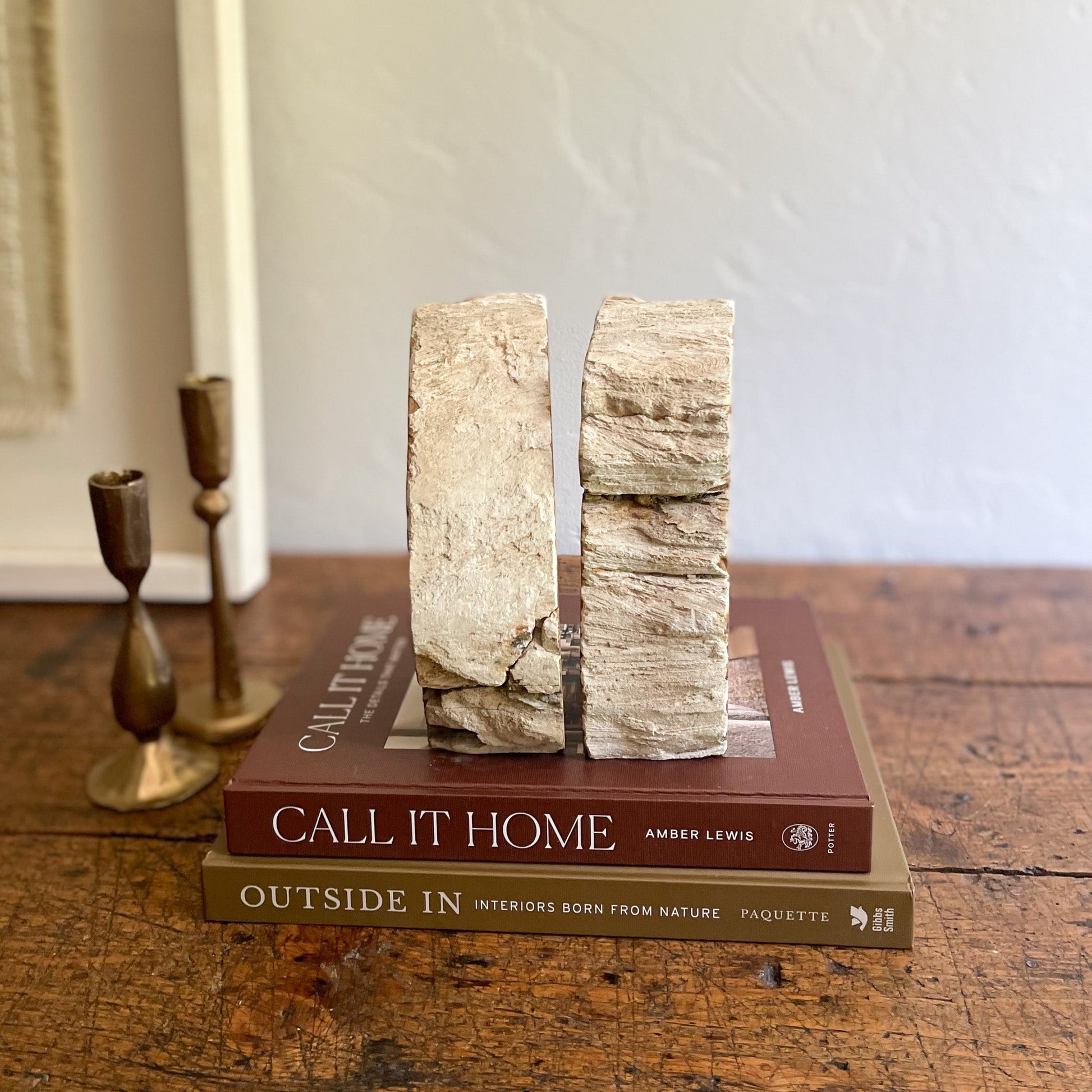 indonesian petrified wood bookend pair with natural bark edge