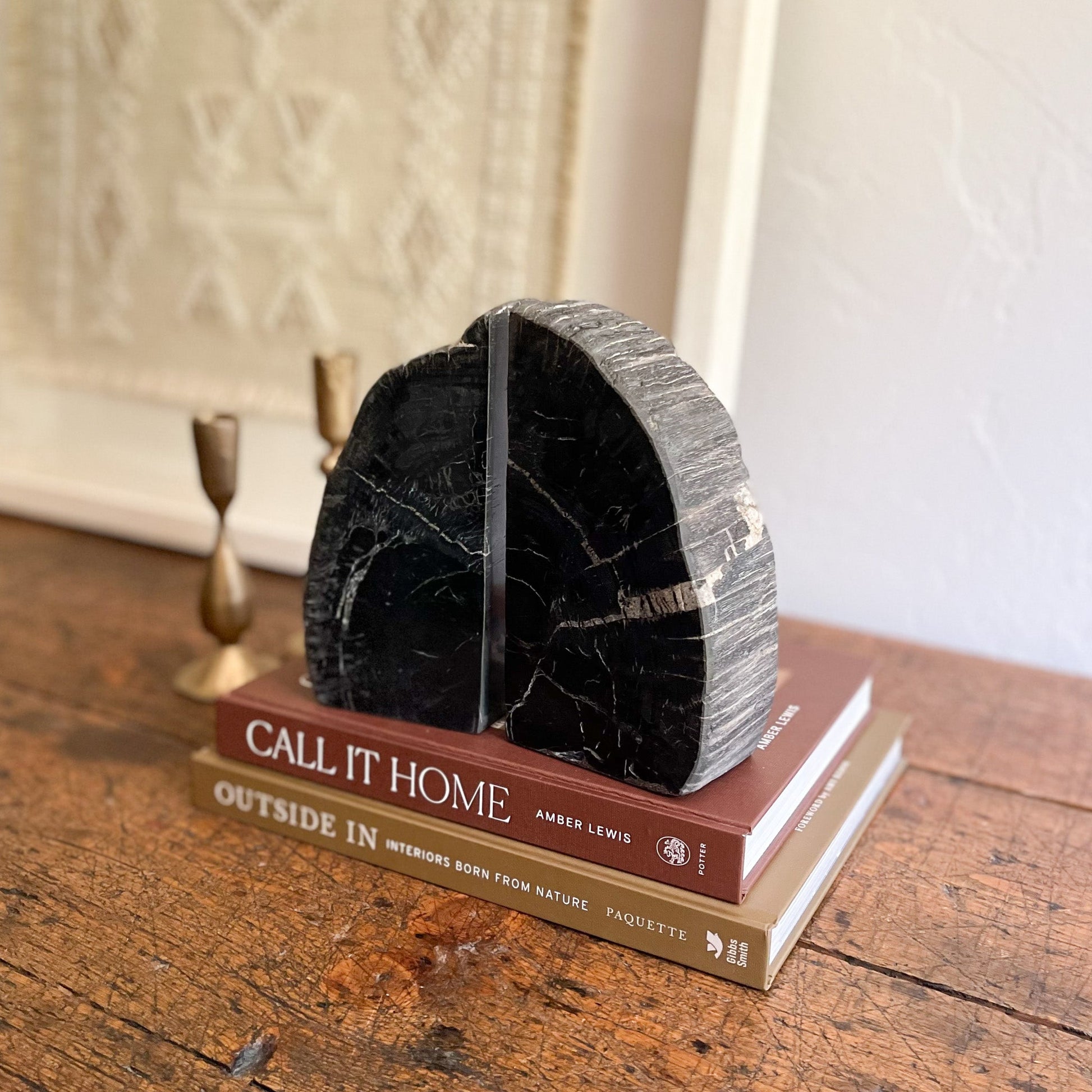 fossilized wood bookend pair