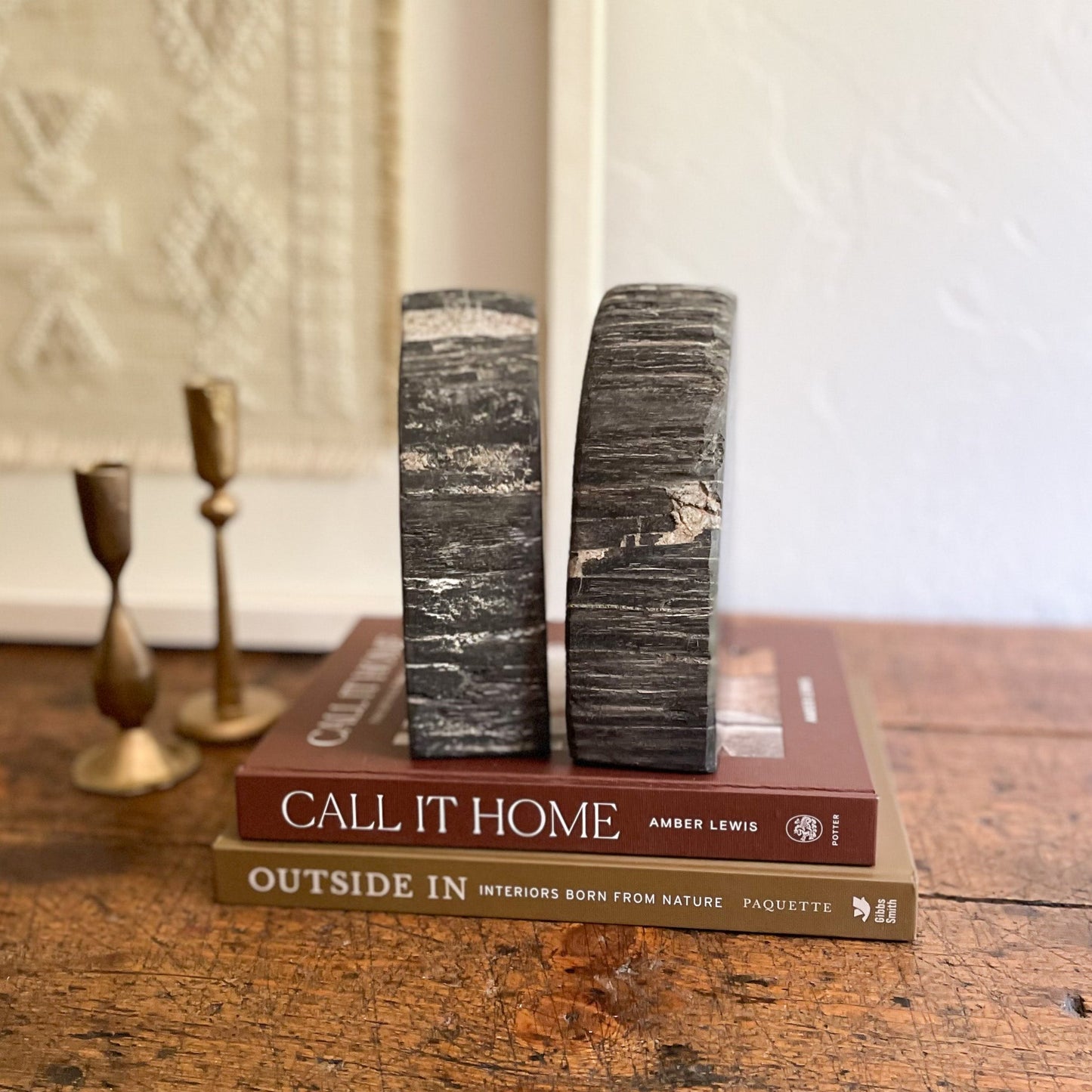 indonsian petrified wood bookend pair with natural bark edge