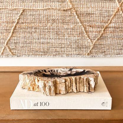 Hand carved small Indonesian petrified wood bowl polished fossil wood stone bowl for home decor