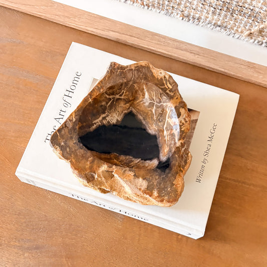 Hand carved Indonesian petrified wood bowl, natural fossilized wood decor bowl with organic stone texture.
